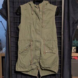 M1 MISS LONDON Olive Green Sleeveless Military Anorak Vest w/ Hood